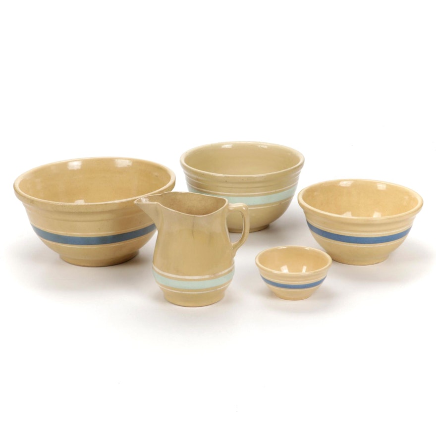 Yellow Watt Ware with Blue and White Stripes and Other Stoneware Mixing Bowls
