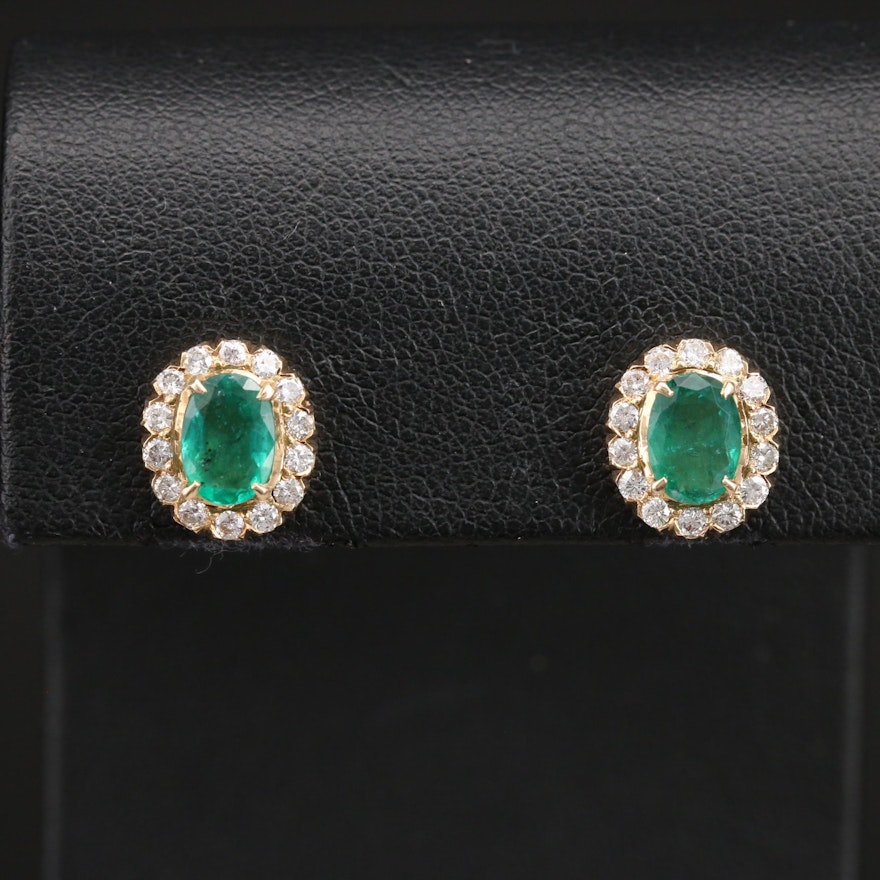 14K Emerald and Diamond Halo Stud Earrings