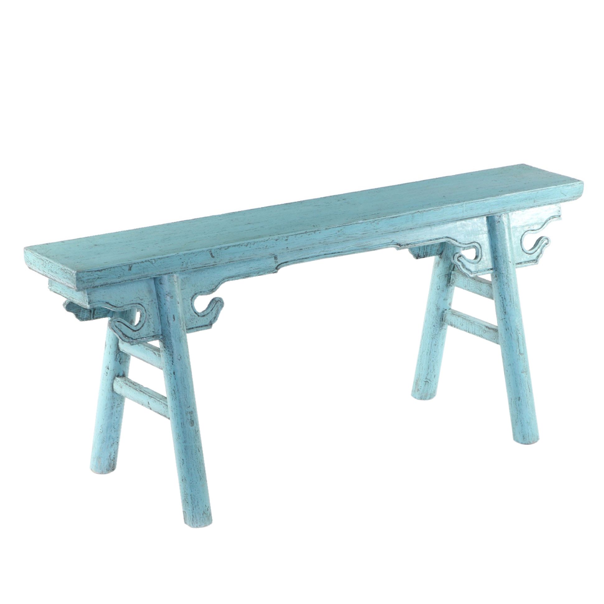 Chinese Blue-Painted and Carved Wood Bench