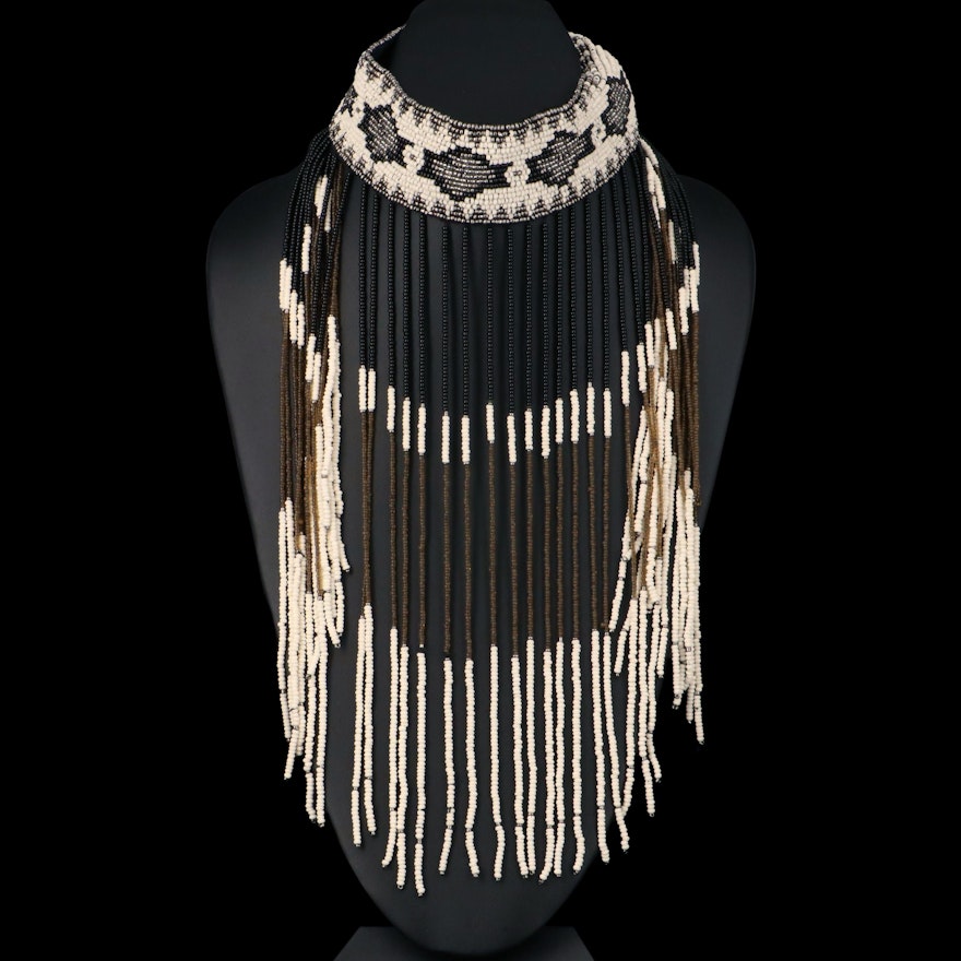 Bone and Glass Beaded Fringe Necklace