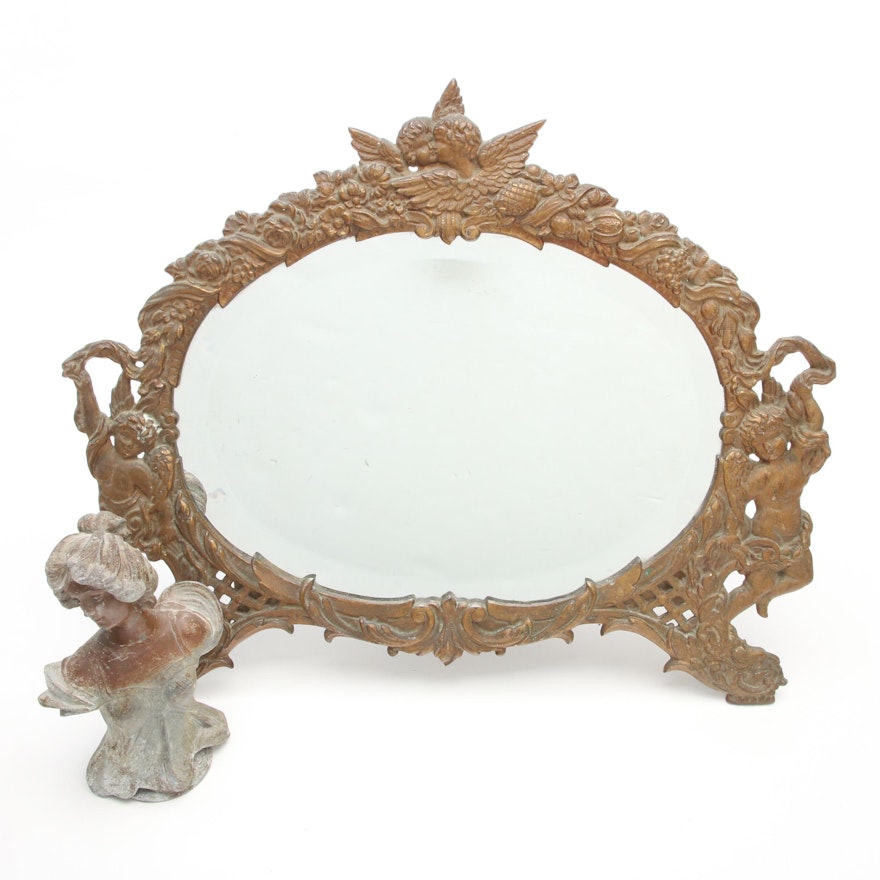 Victorian Cast Metal Putti Vanity Mirror with Cold Painted Spelter Bust