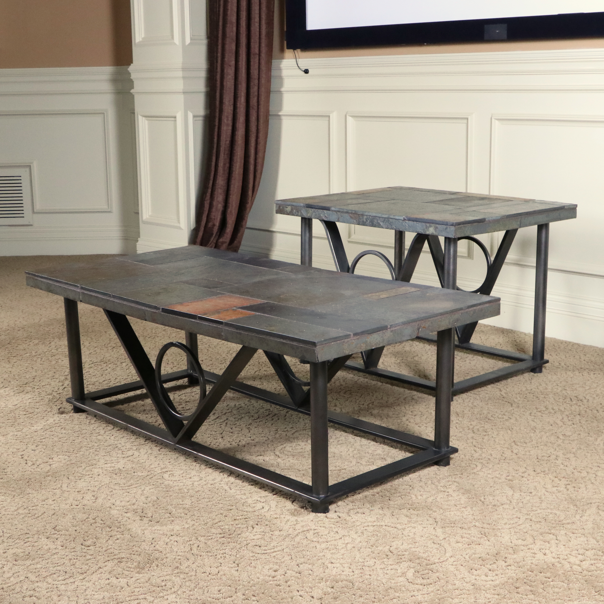 Iron and Slate Tile Top Coffee Table and End Table