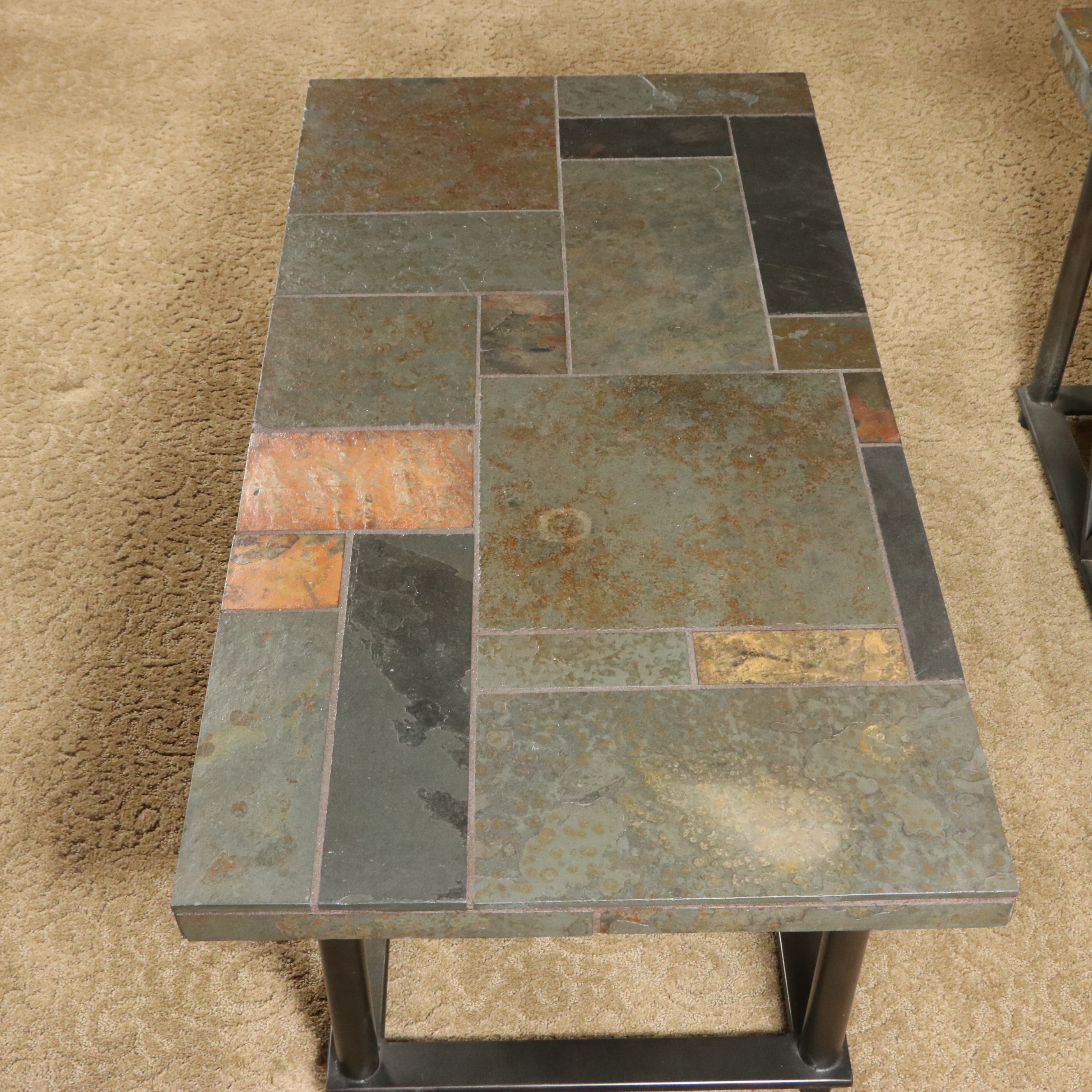 Iron and Slate Tile Top Coffee Table and End Table