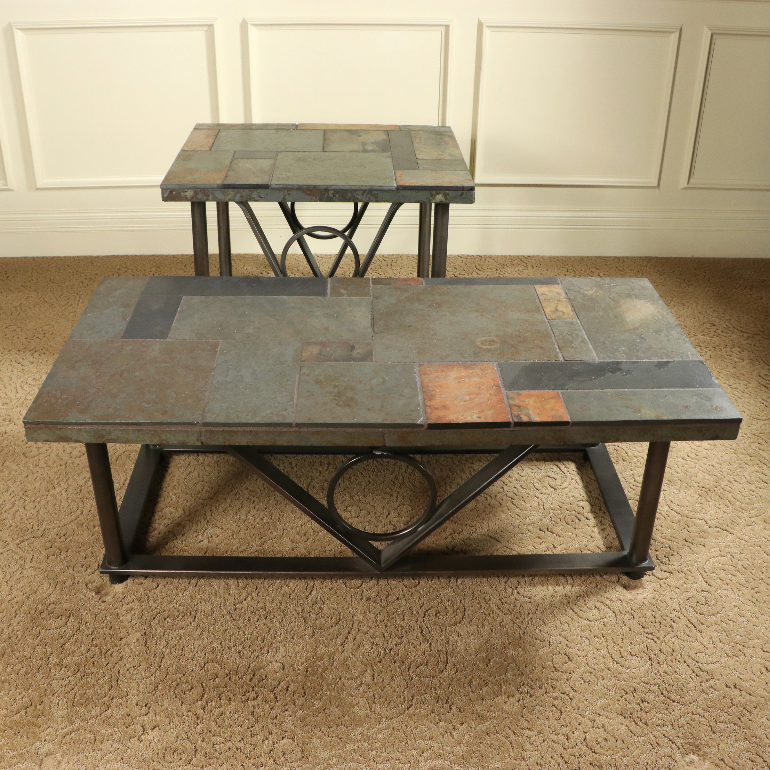 Iron and Slate Tile Top Coffee Table and End Table