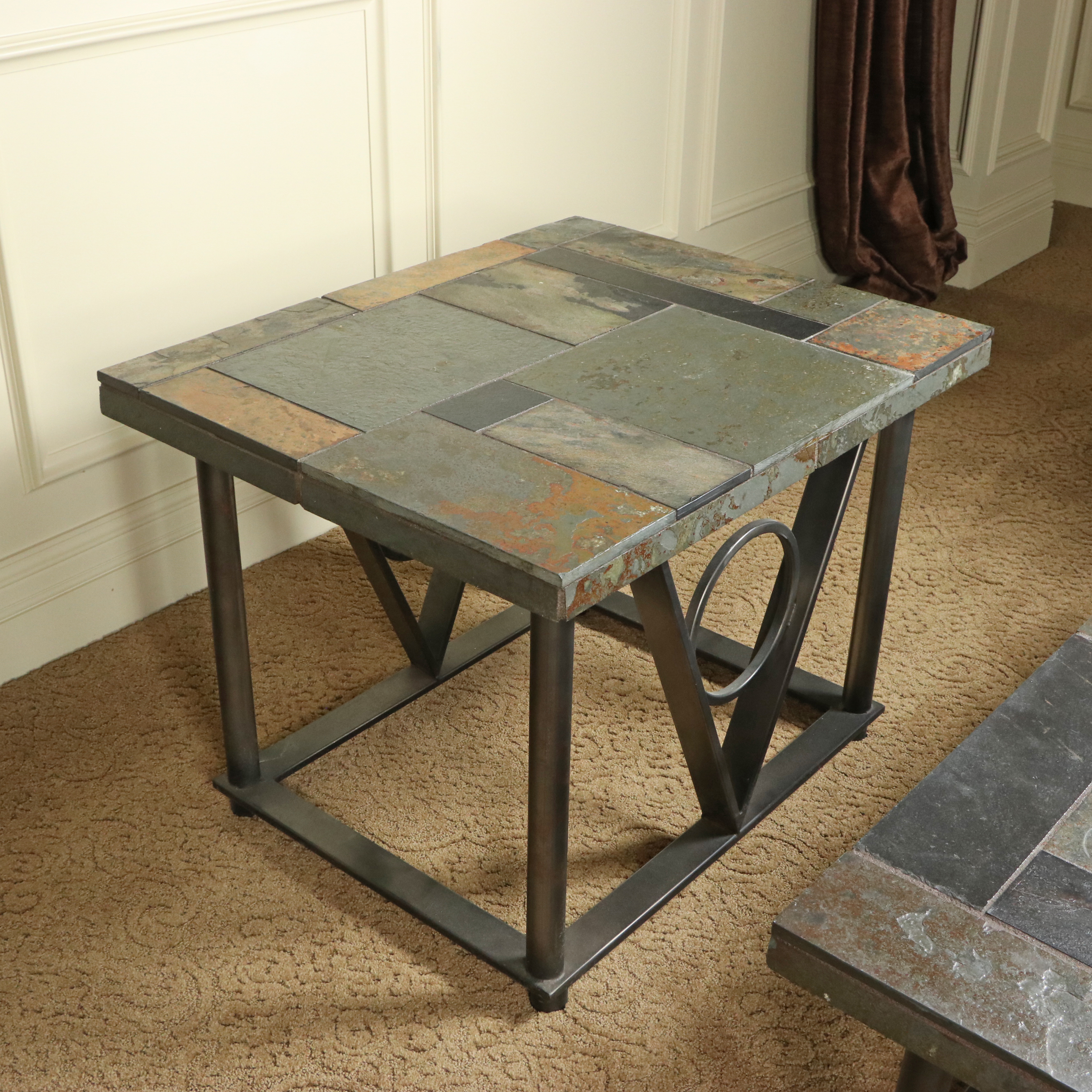Iron and Slate Tile Top Coffee Table and End Table