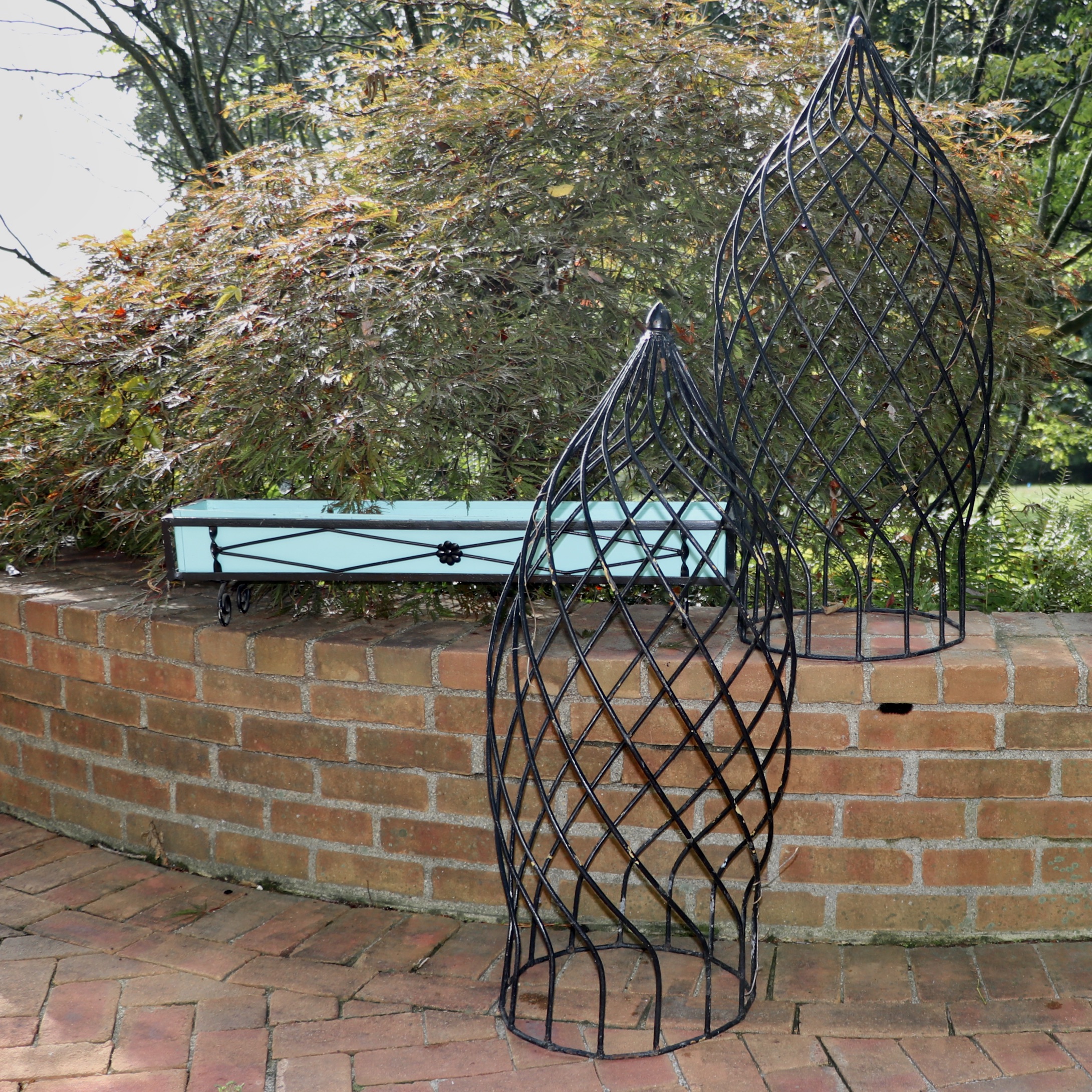 Iron Topiary Frames and Oblong Planter with a Robin's Egg Blue Liner