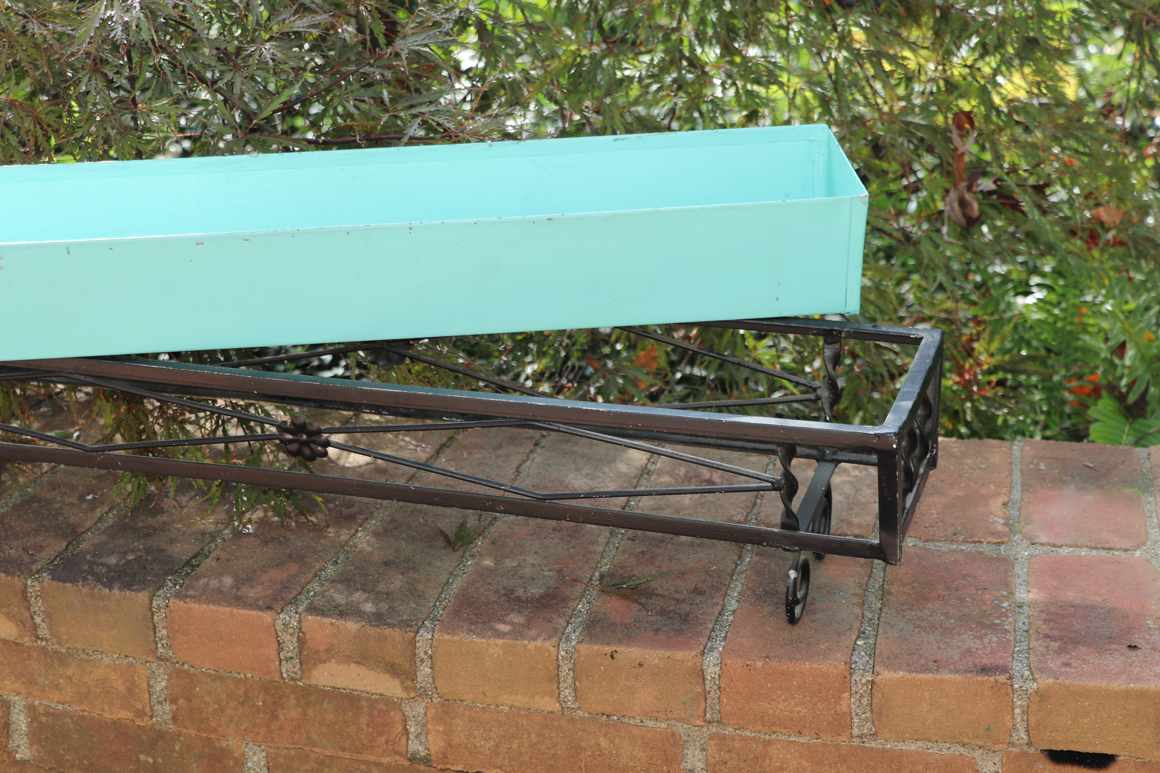 Iron Topiary Frames and Oblong Planter with a Robin's Egg Blue Liner