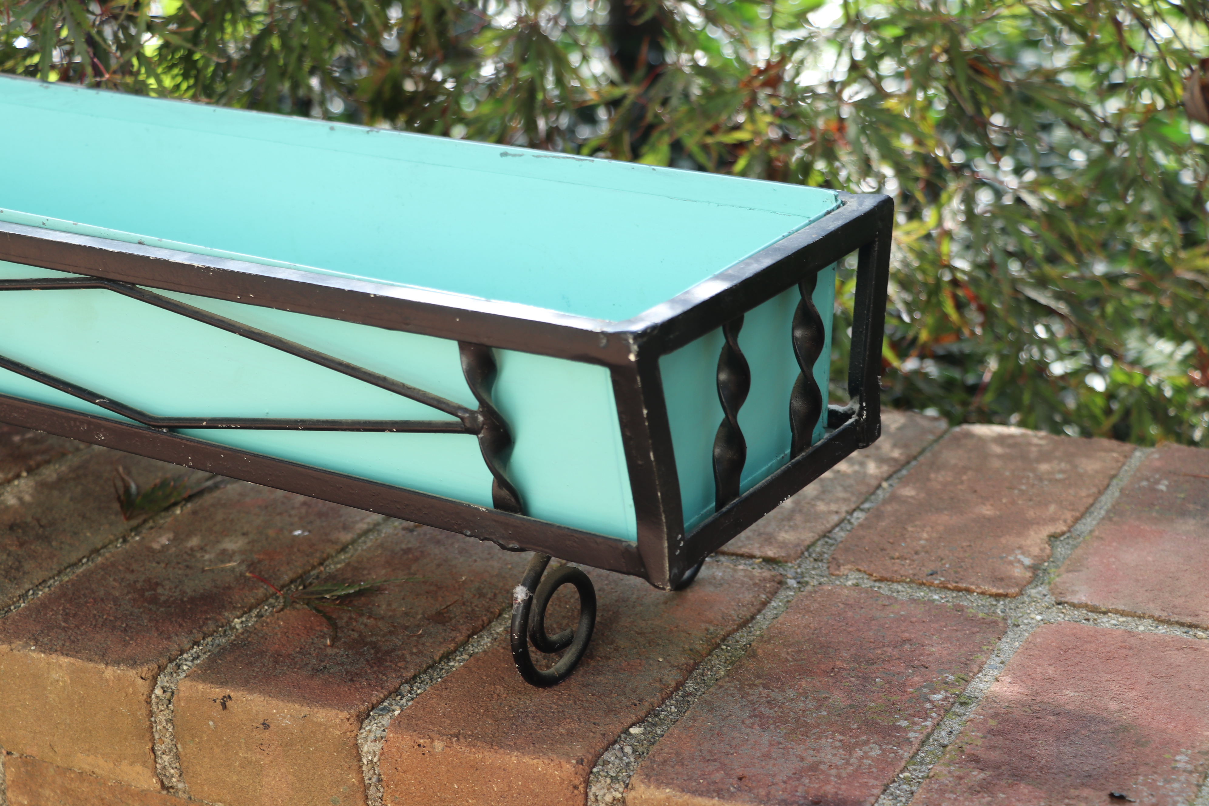 Iron Topiary Frames and Oblong Planter with a Robin's Egg Blue Liner