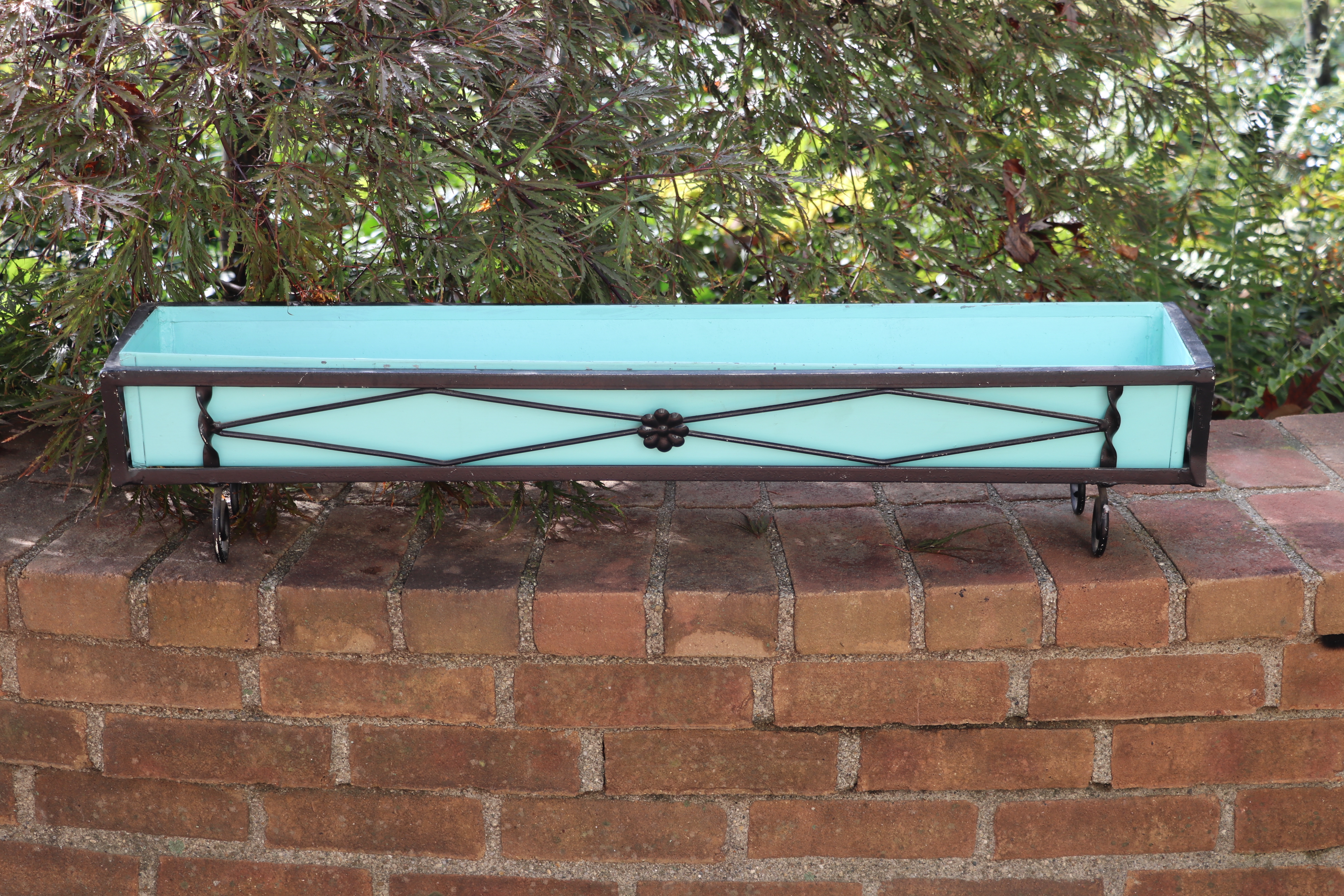 Iron Topiary Frames and Oblong Planter with a Robin's Egg Blue Liner