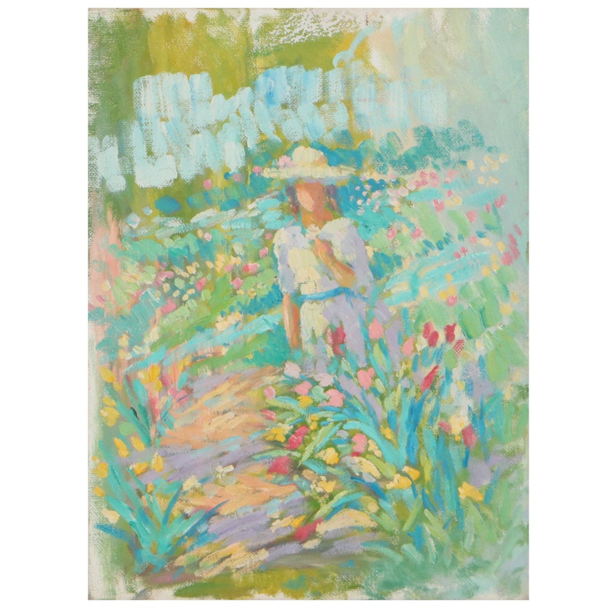 Impressionist Style Oil Painting Of Figure Among Flowers, Late 20th Century