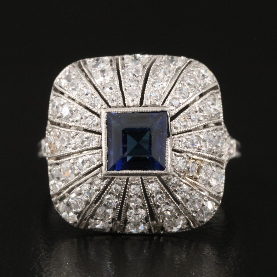 Art Deco Platinum Sapphire and 1.06 CTW Diamond Bombé Ring