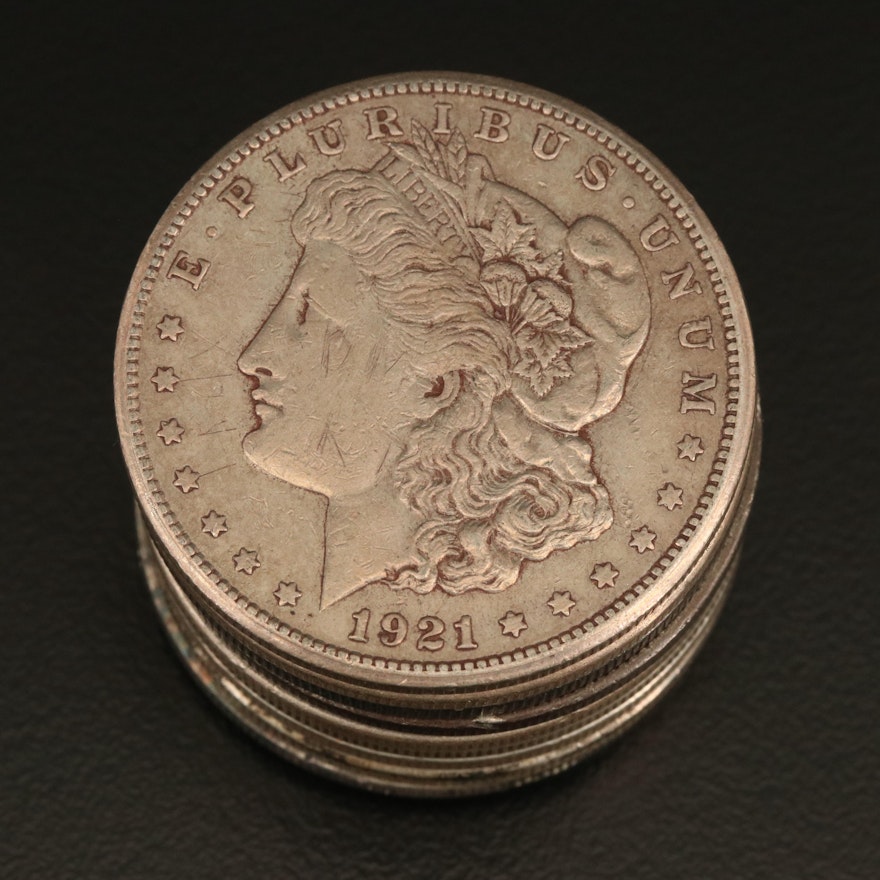 Ten 1921 Morgan Silver Dollars
