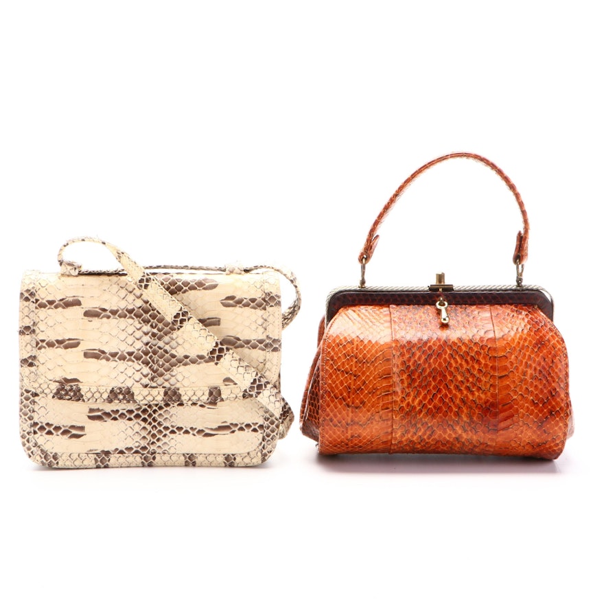 Sterling Cobra Skin Hard Frame Handbag and Python Skin Flap Shoulder Bag