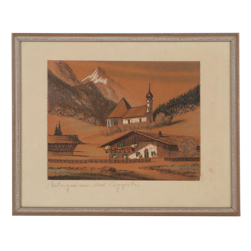 Pastel Drawing Attributed to Albert Richter "Untergrainau und Zugspitze"