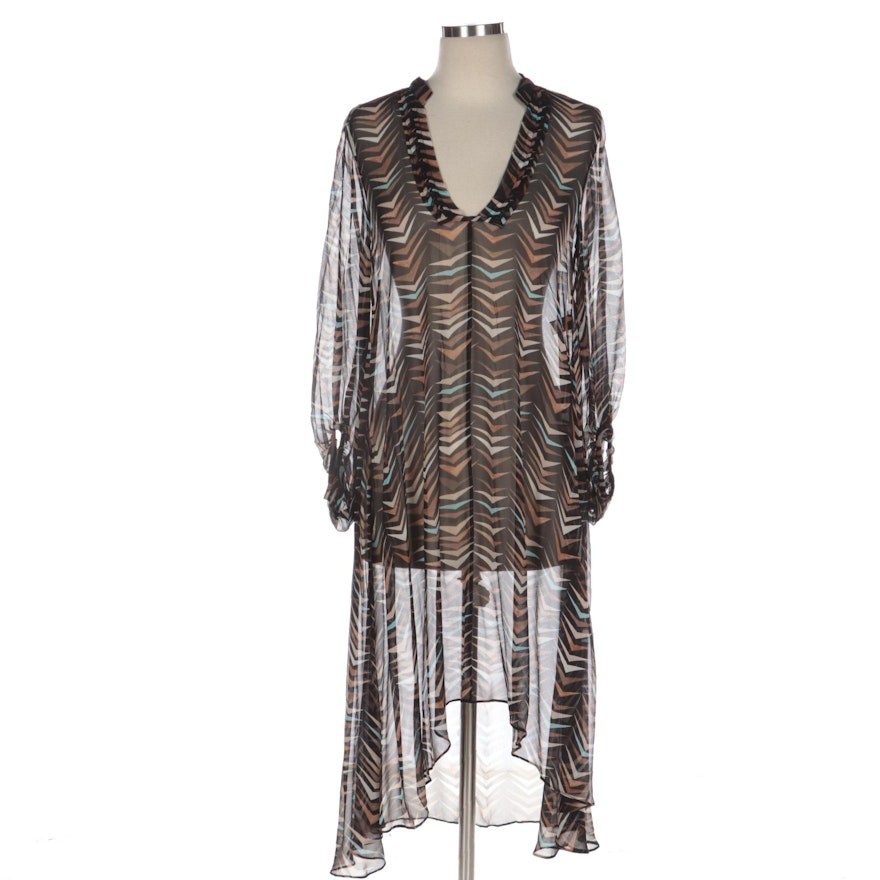 Diane von Furstenberg Geometric Print Sheer Silk Weave Asymmetric Tunic Dress