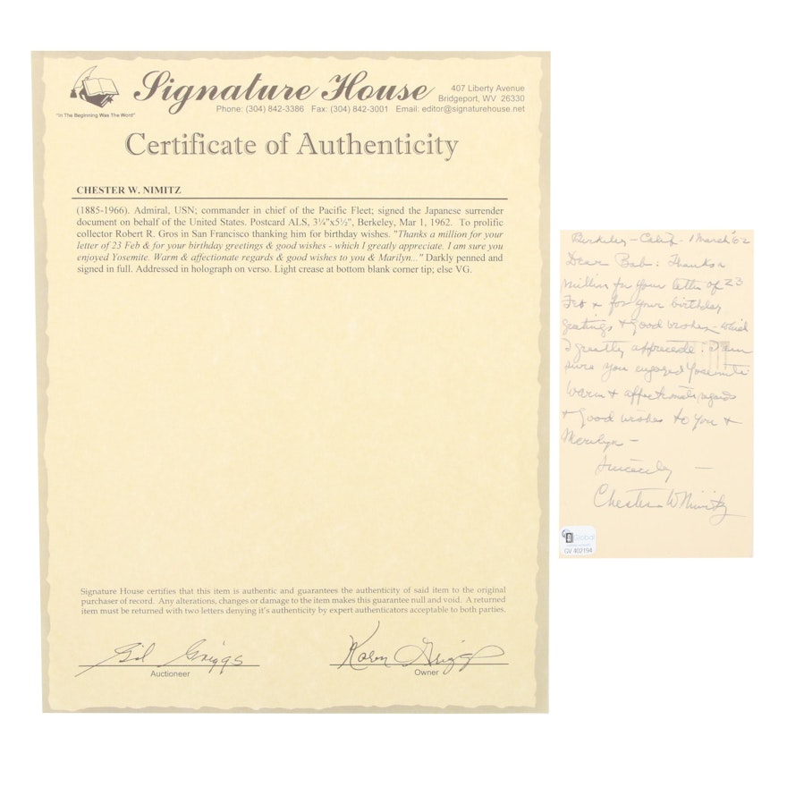 Admiral Chester W. Nimitz USN Signed Personal Note, 1962, COA