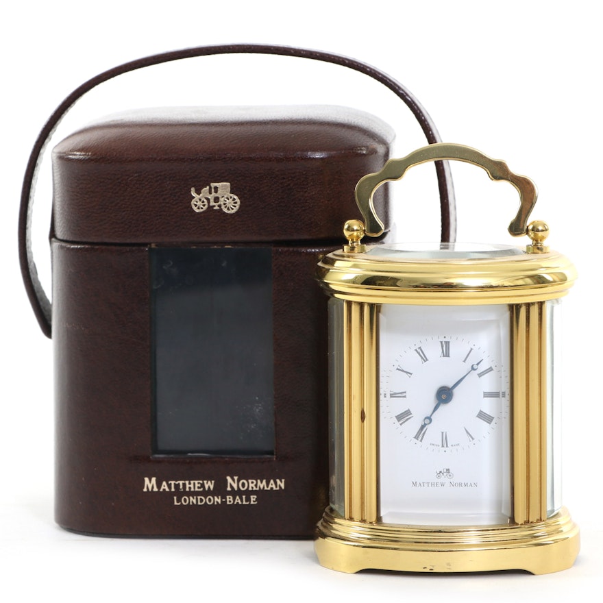 Matthew Norman Oval Brass Carriage Clock with Leather Case