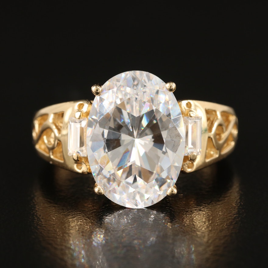 14K Cubic Zirconia Three Stone Ring with Scrollwork Shoulders