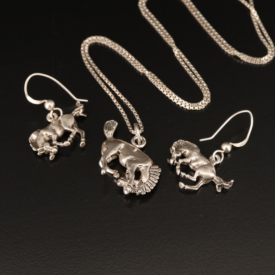 Sterling Bucking Horse Necklace and Earrings Set