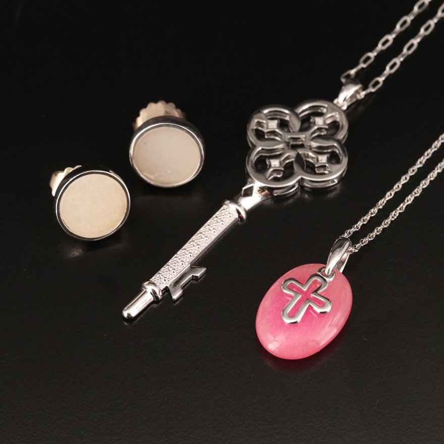 Sterling Key and Cross Pendant Necklaces with Stud Earrings