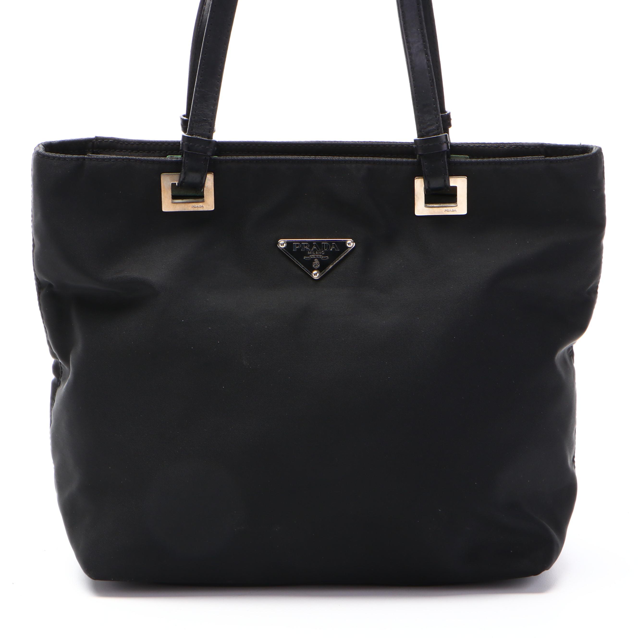 Prada Shoulder Tote in Black Nylon Tessuto and Smooth Black Leather