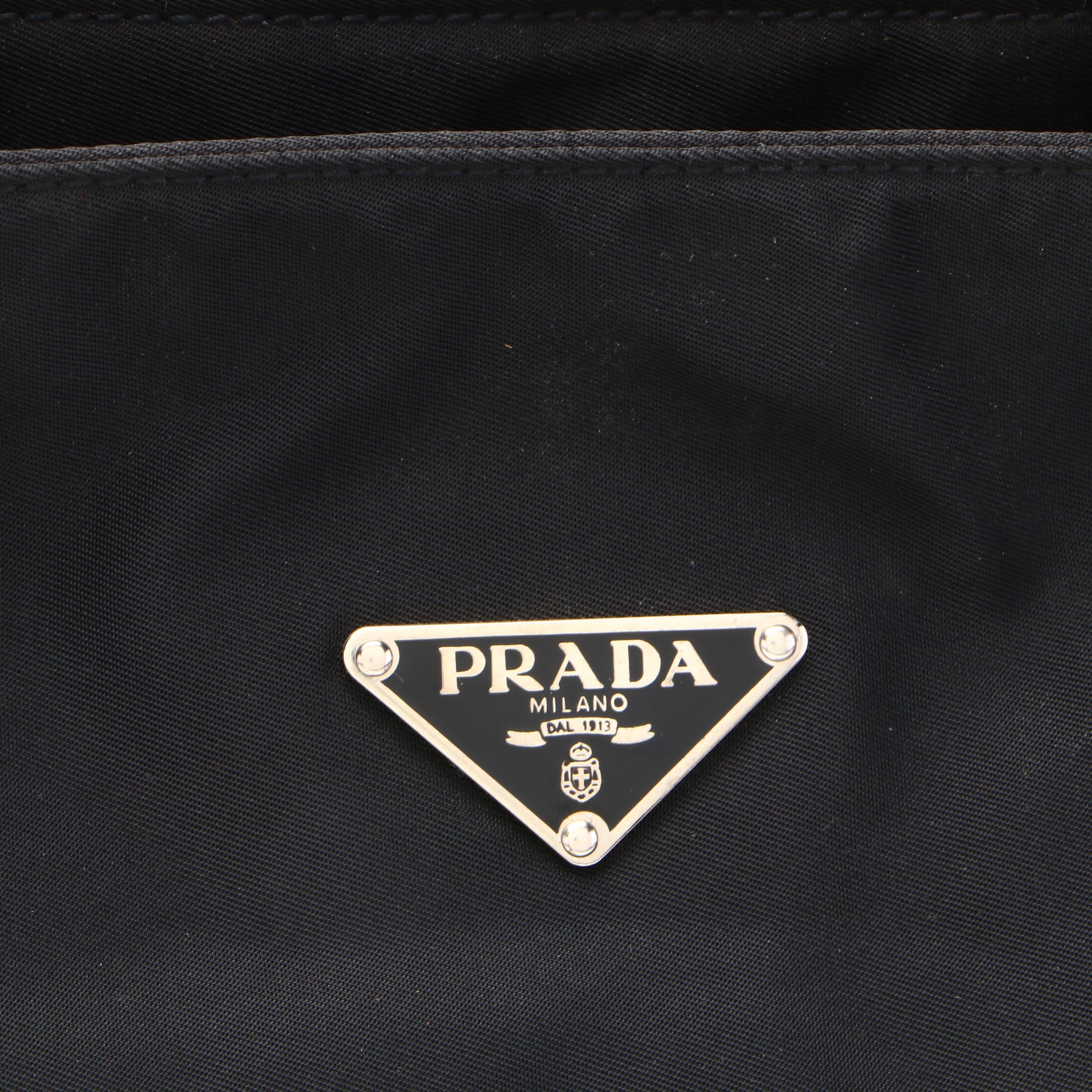 Prada Shoulder Tote in Black Nylon Tessuto and Smooth Black Leather