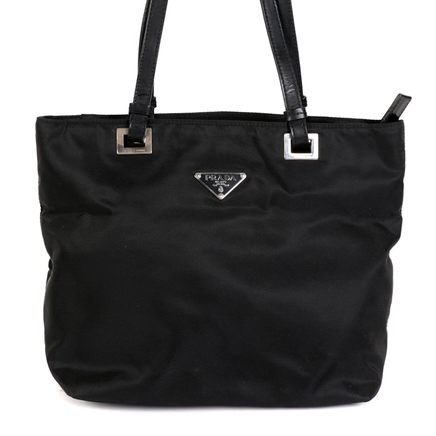 Prada Shoulder Tote in Black Nylon Tessuto and Smooth Black Leather