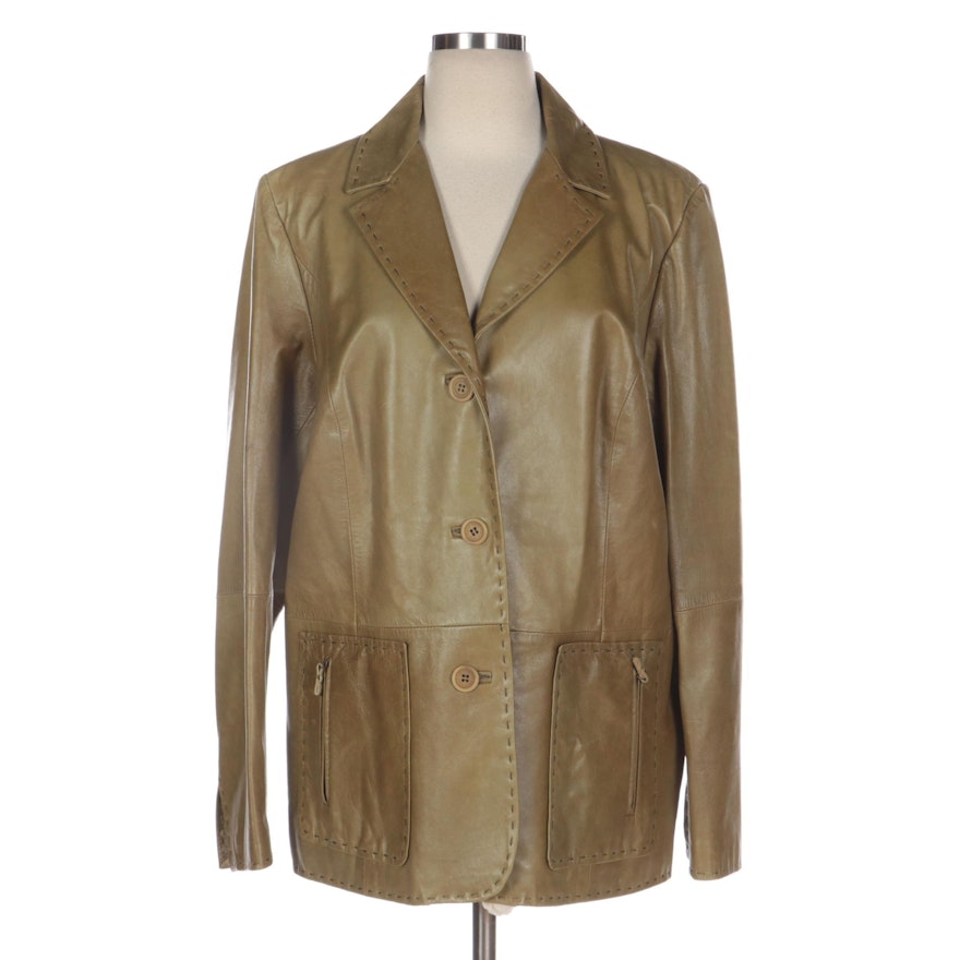 Marina Rinaldi Olive Leather Jacket with Topstitching