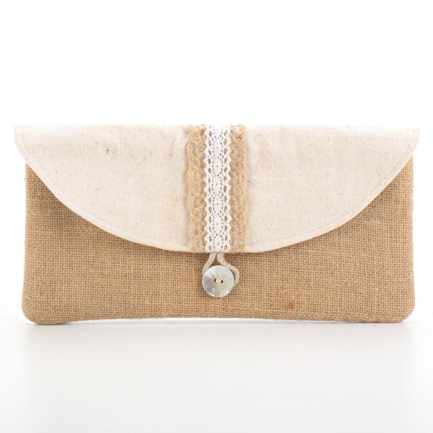 Envelope Clutch in Burlap and Canvas with Shell Button Closure
