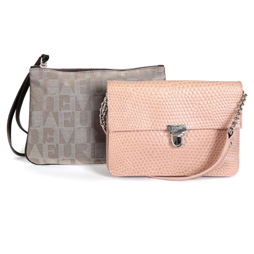 Furla Embossed Leather Flap Shoulder Bag and Zip Pouch with Wristlet