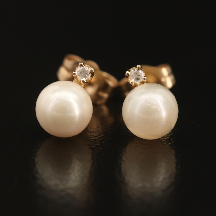 14K Pearl and Diamond Stud Earrings