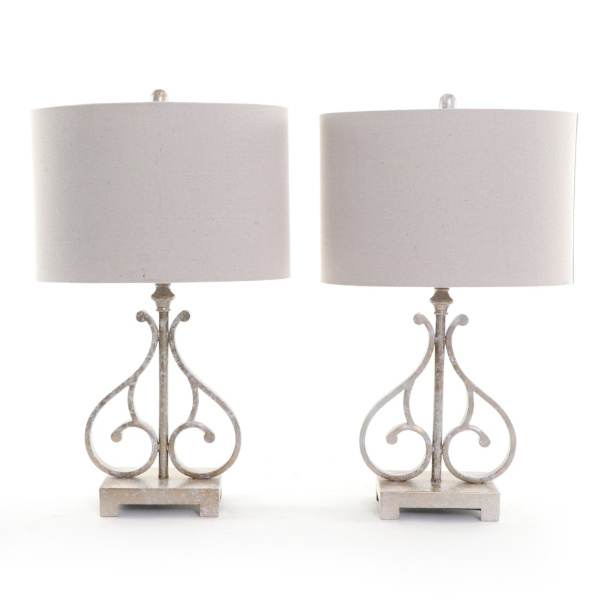 Pairing of Satin Scroll Metal Table Lamps with Shades
