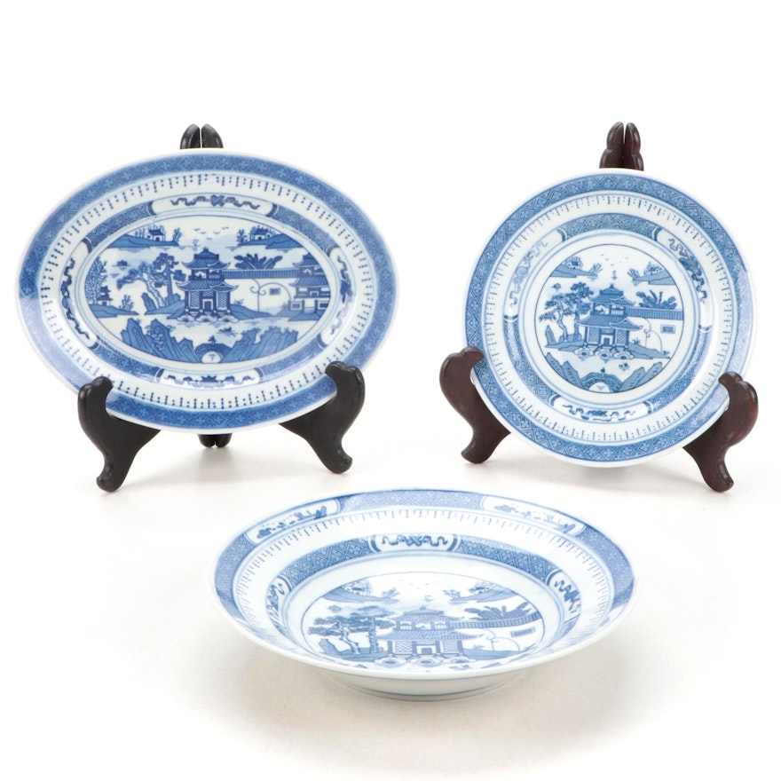 Chinese Canton Blue and White Porcelain Dinnerware, Late 20th Century