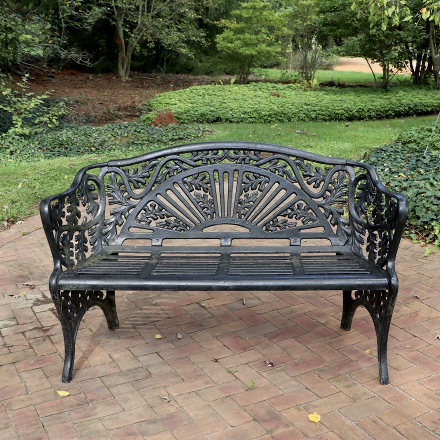 Acanthus Leaf and Fan Motif Cast Iron Patio Bench