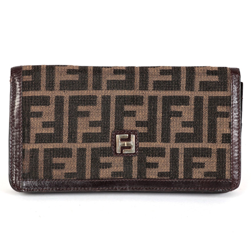 Fendi Flap Front Long Wallet in Zucca Canvas with Brown Leather Trim