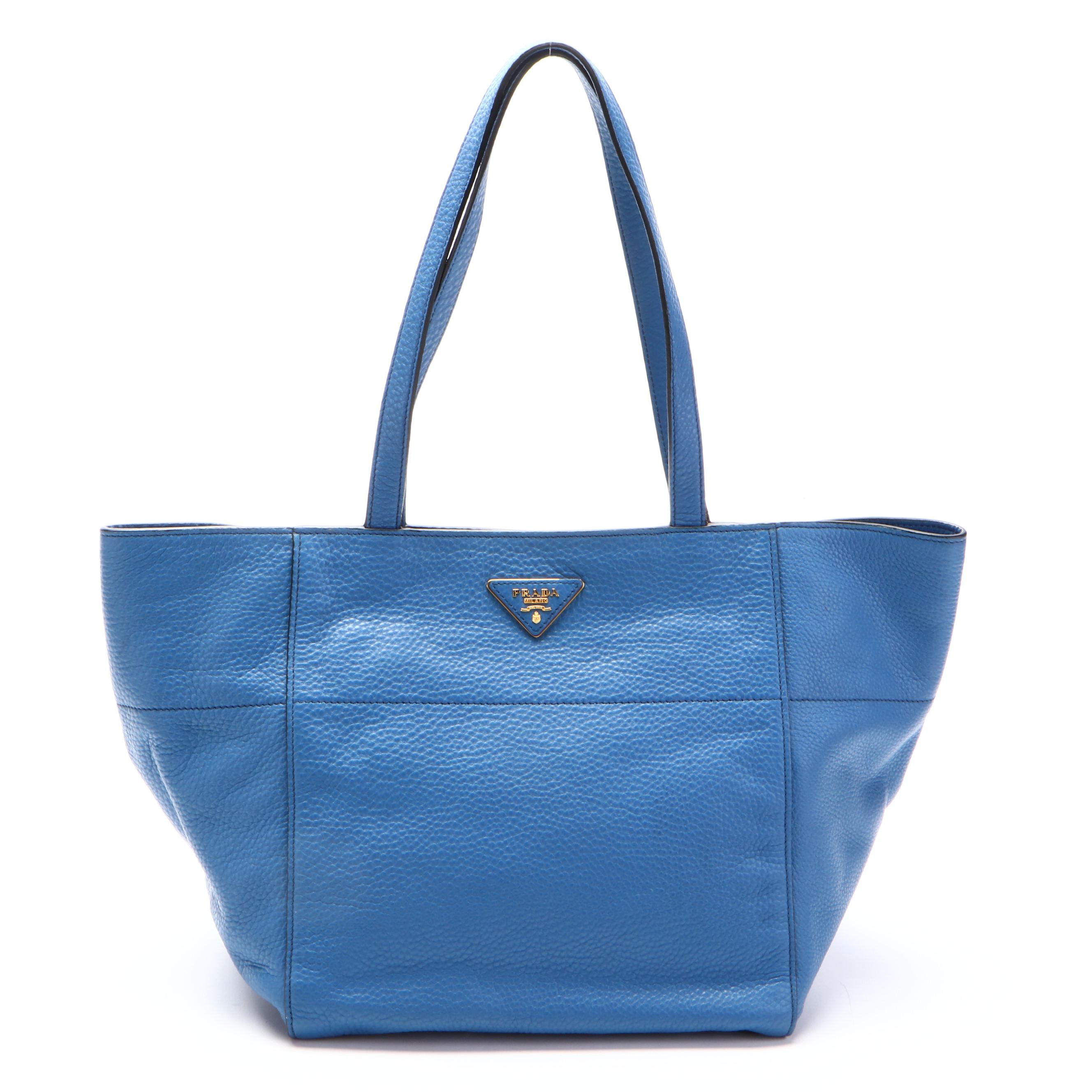 Prada Small Shoulder Tote Bag in Blue Vitello Daino Leather