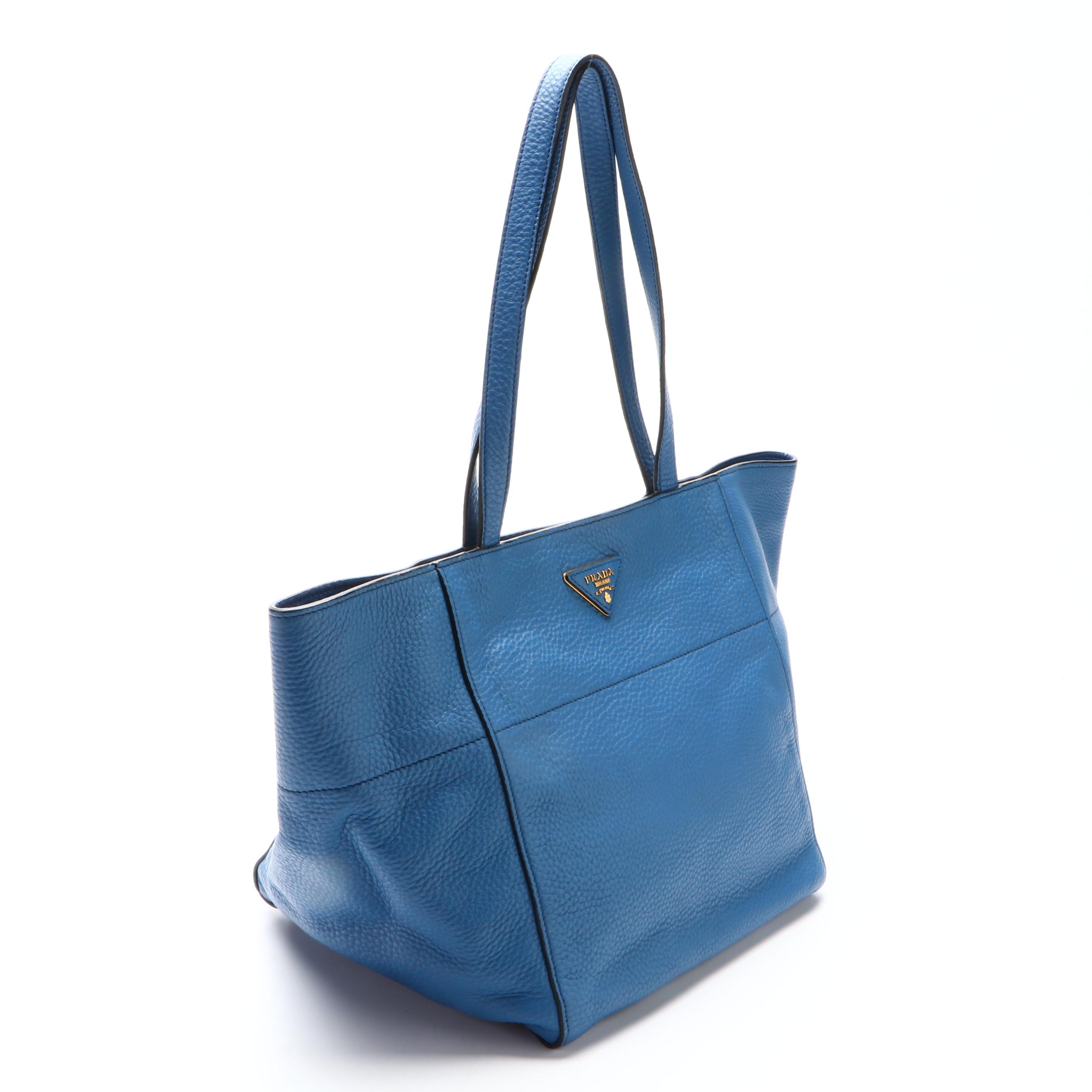 Prada Small Shoulder Tote Bag in Blue Vitello Daino Leather