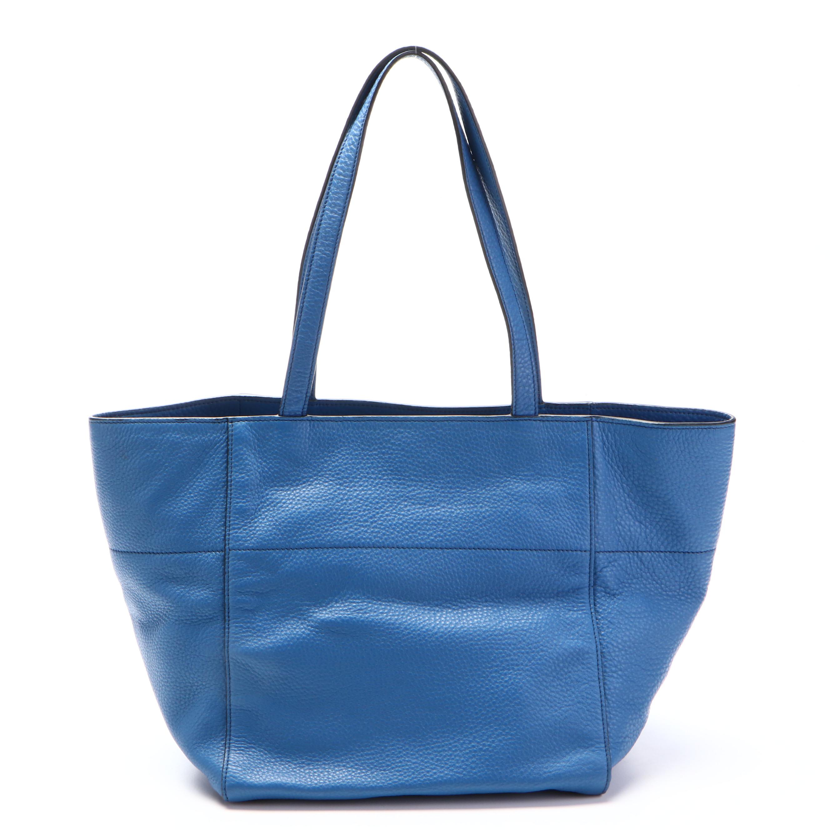 Prada Small Shoulder Tote Bag in Blue Vitello Daino Leather