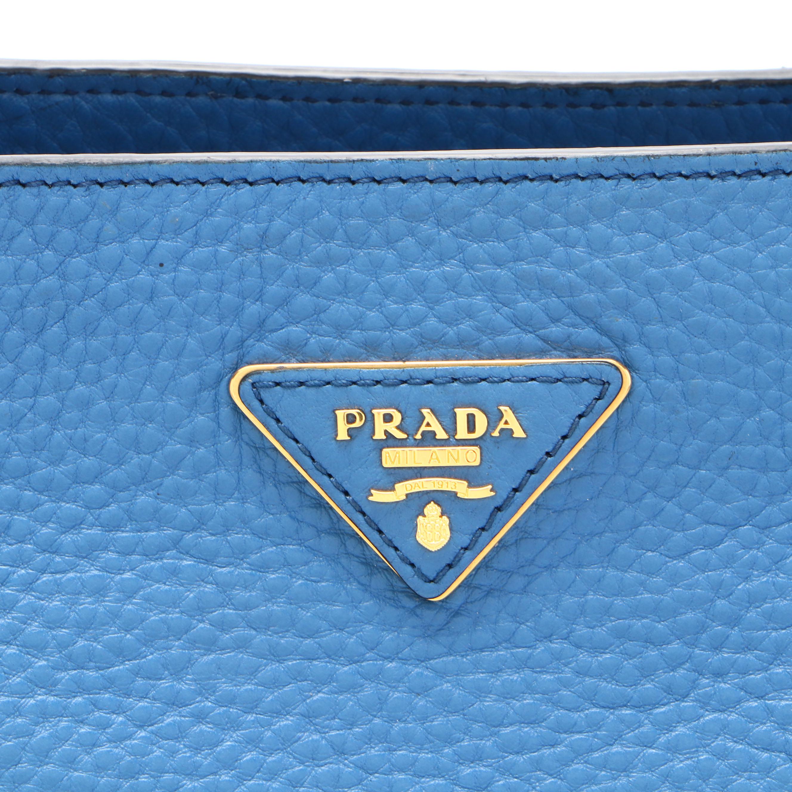 Prada Small Shoulder Tote Bag in Blue Vitello Daino Leather