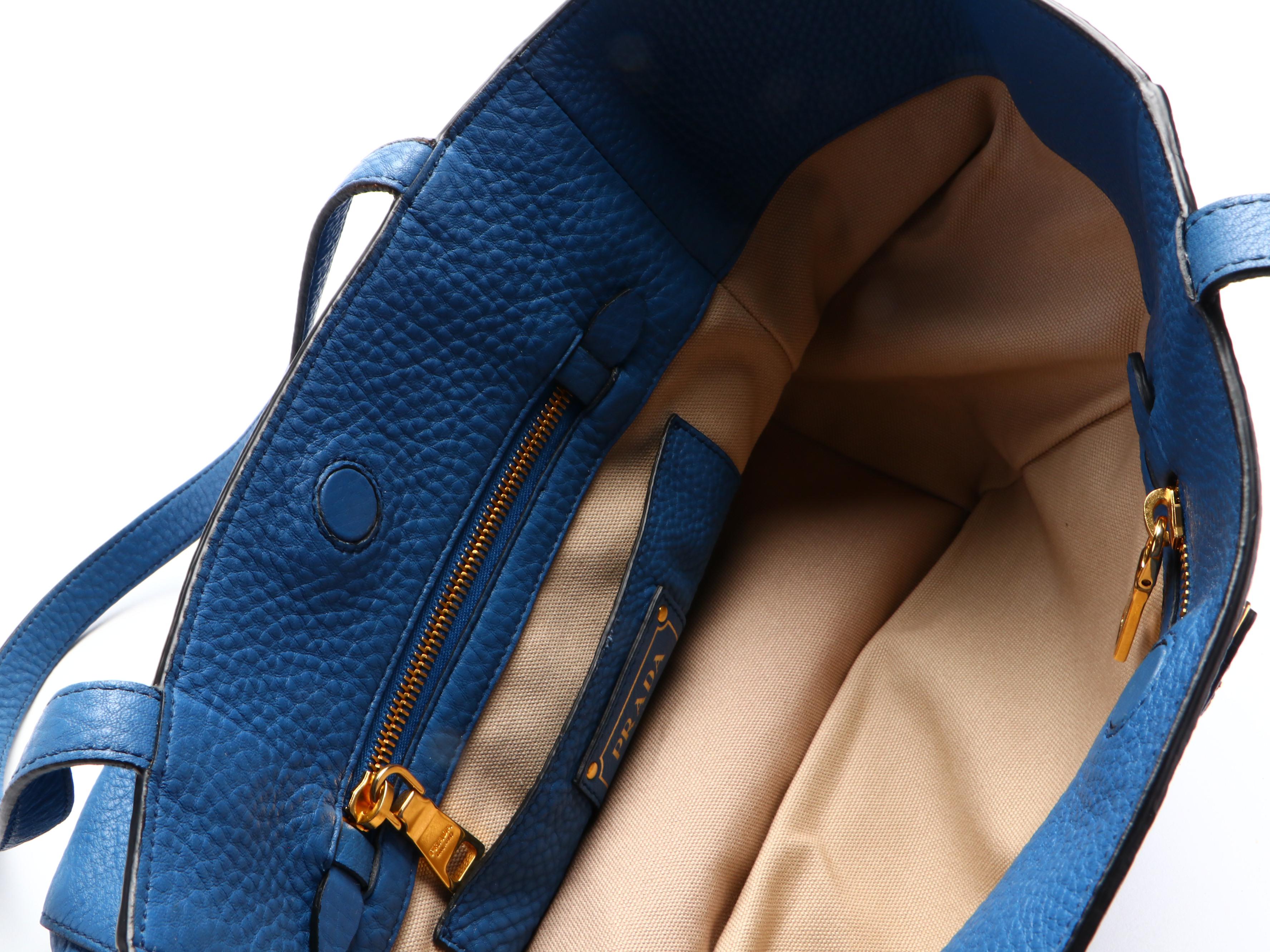 Prada Small Shoulder Tote Bag in Blue Vitello Daino Leather