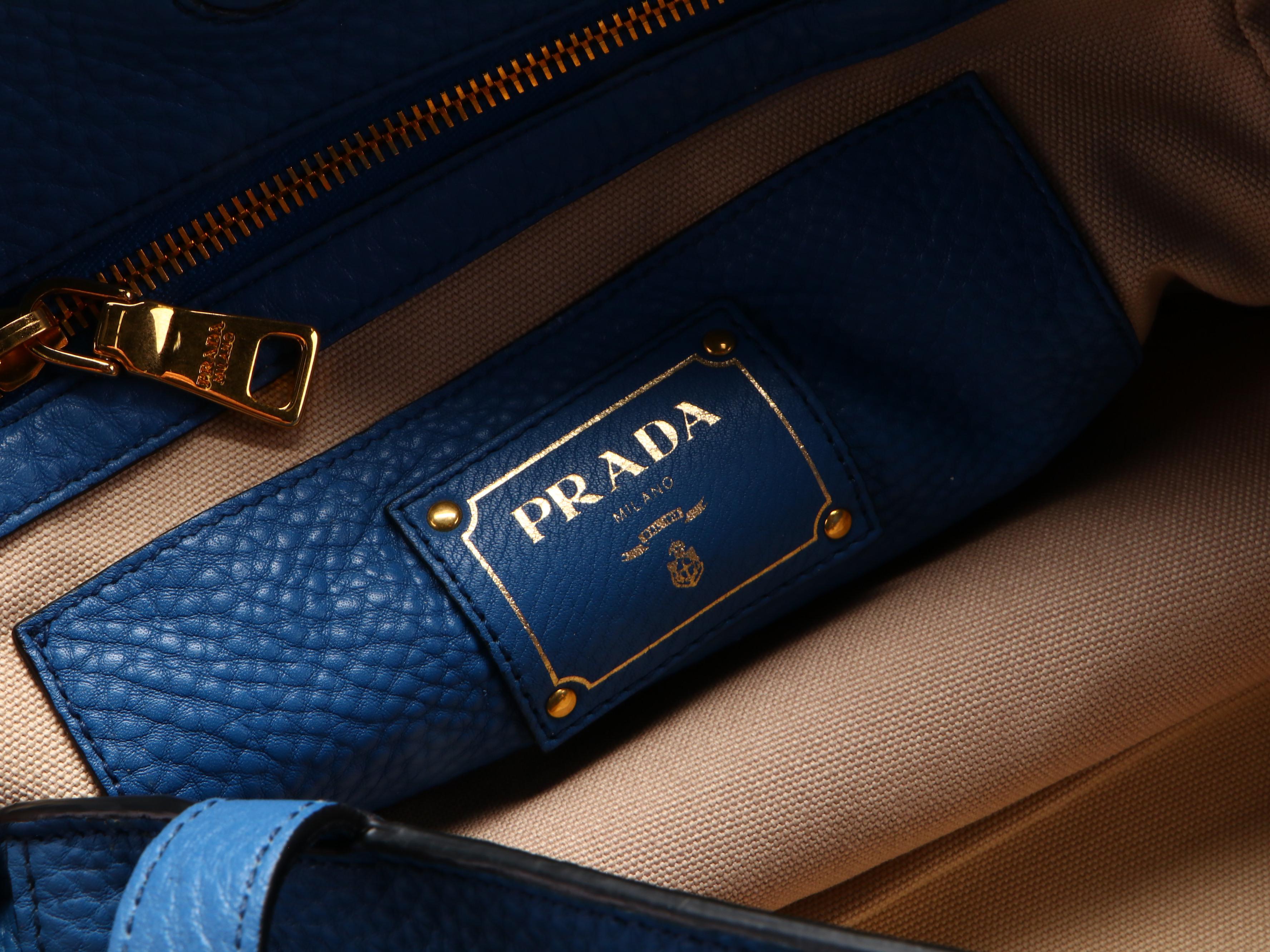 Prada Small Shoulder Tote Bag in Blue Vitello Daino Leather