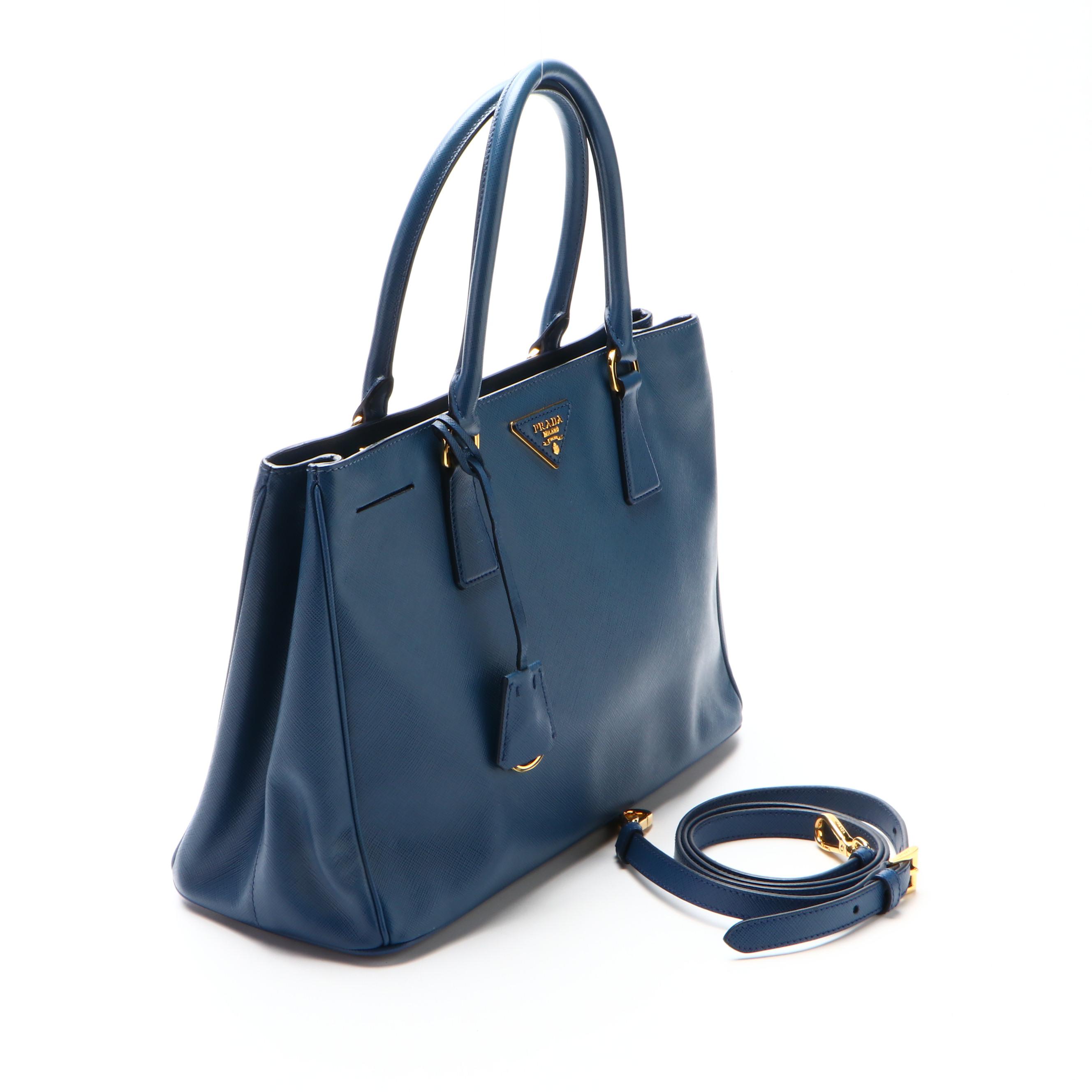 Prada Medium Lux Tote Handbag in Blue Saffiano Leather with Detachable Strap