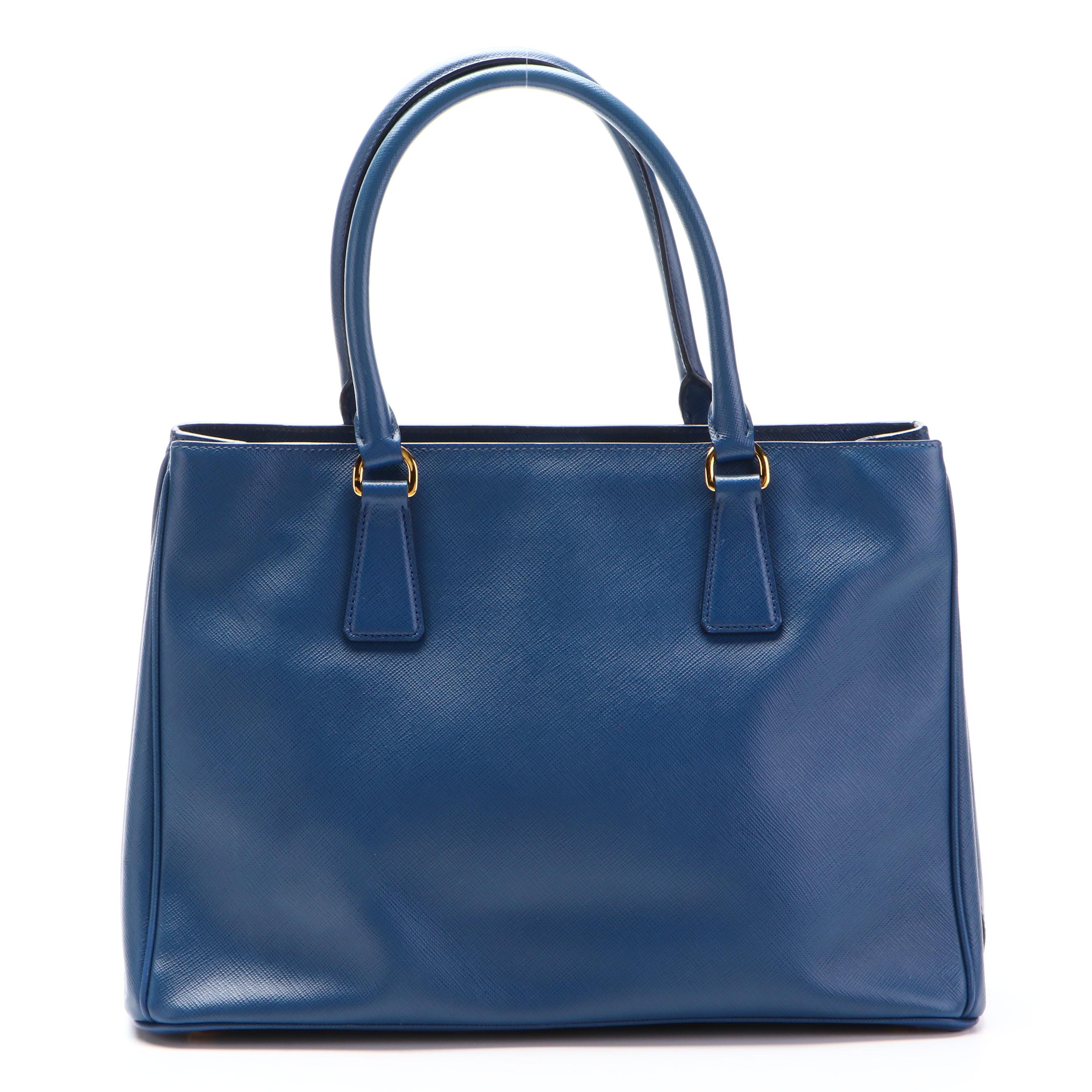 Prada Medium Lux Tote Handbag in Blue Saffiano Leather with Detachable Strap