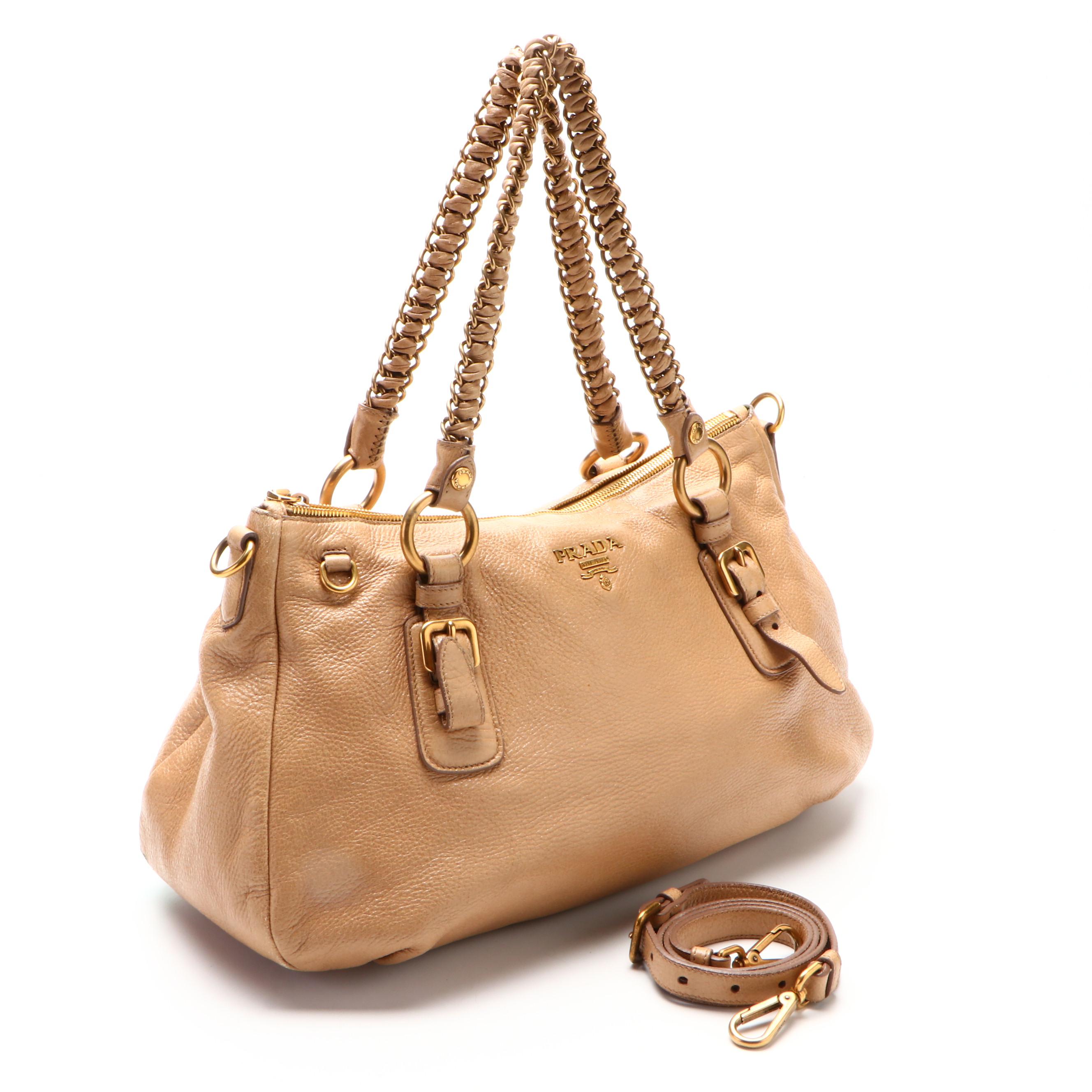 Prada Large Lux Chain Boston Bag in Tan Cervo Calfskin with Detachable Strap
