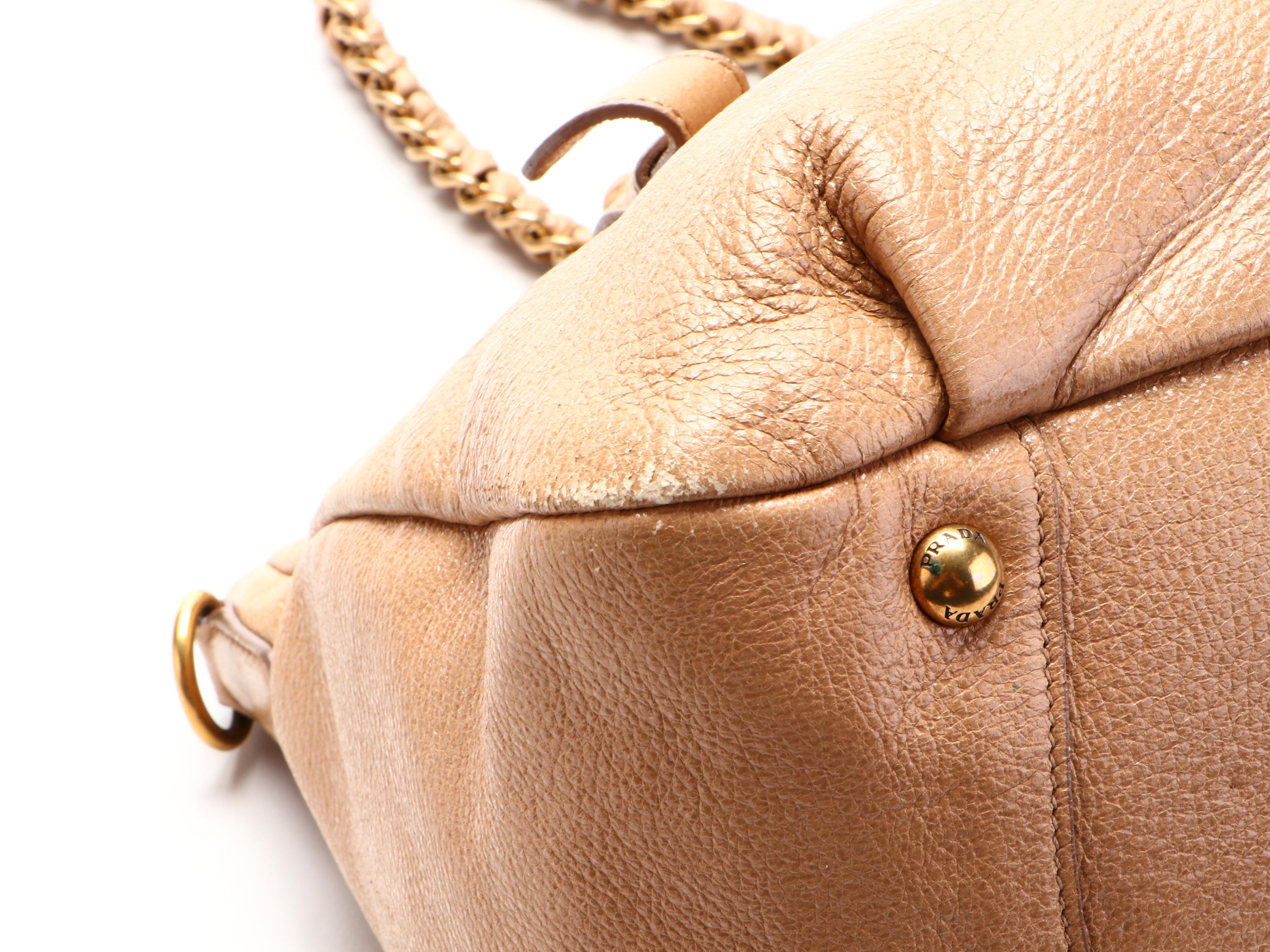Prada Large Lux Chain Boston Bag in Tan Cervo Calfskin with Detachable Strap