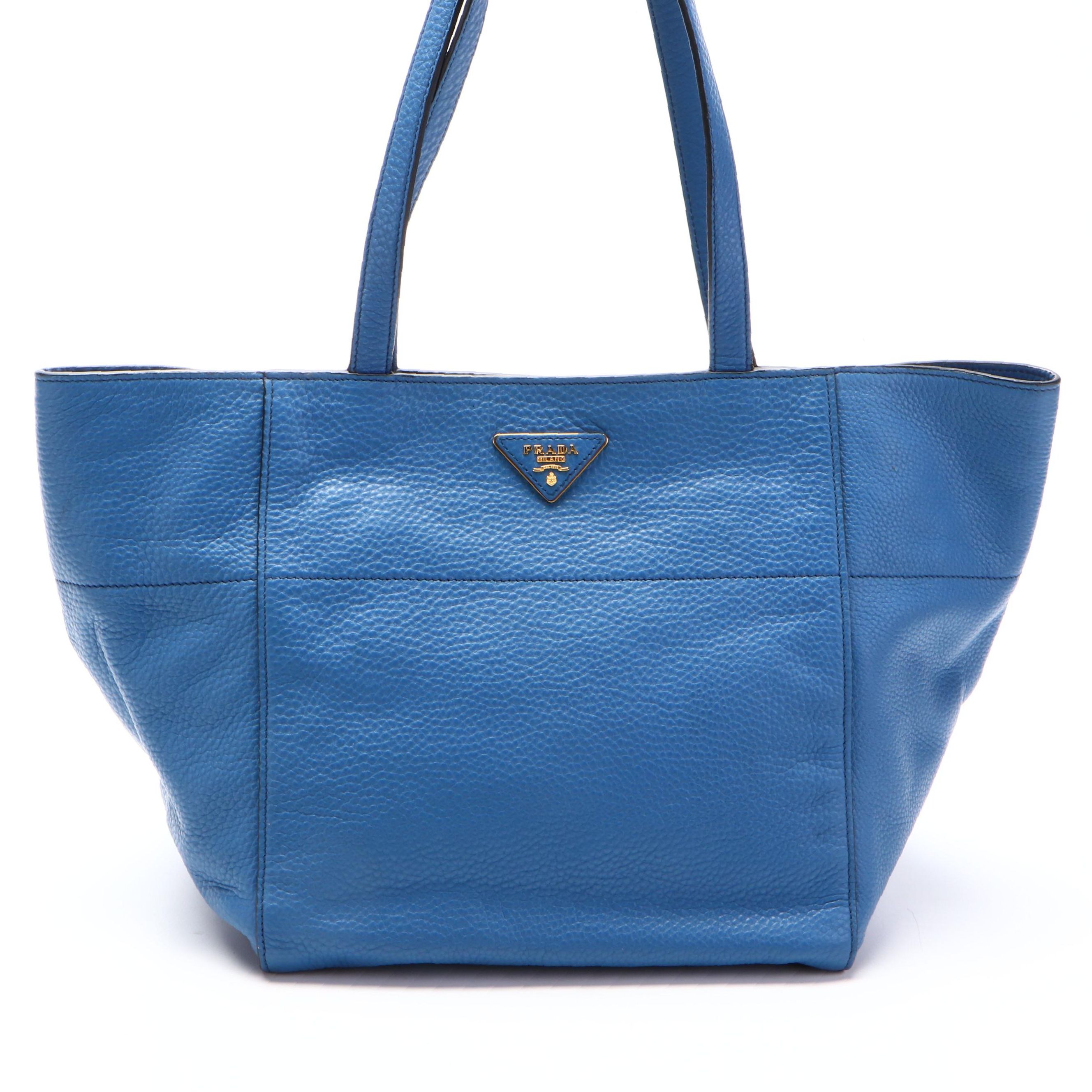 Prada Small Shoulder Tote Bag in Blue Vitello Daino Leather