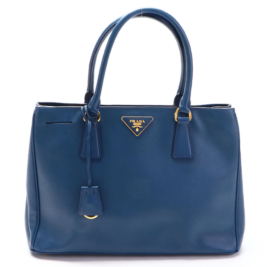 Prada Medium Lux Tote Handbag in Blue Saffiano Leather with Detachable Strap