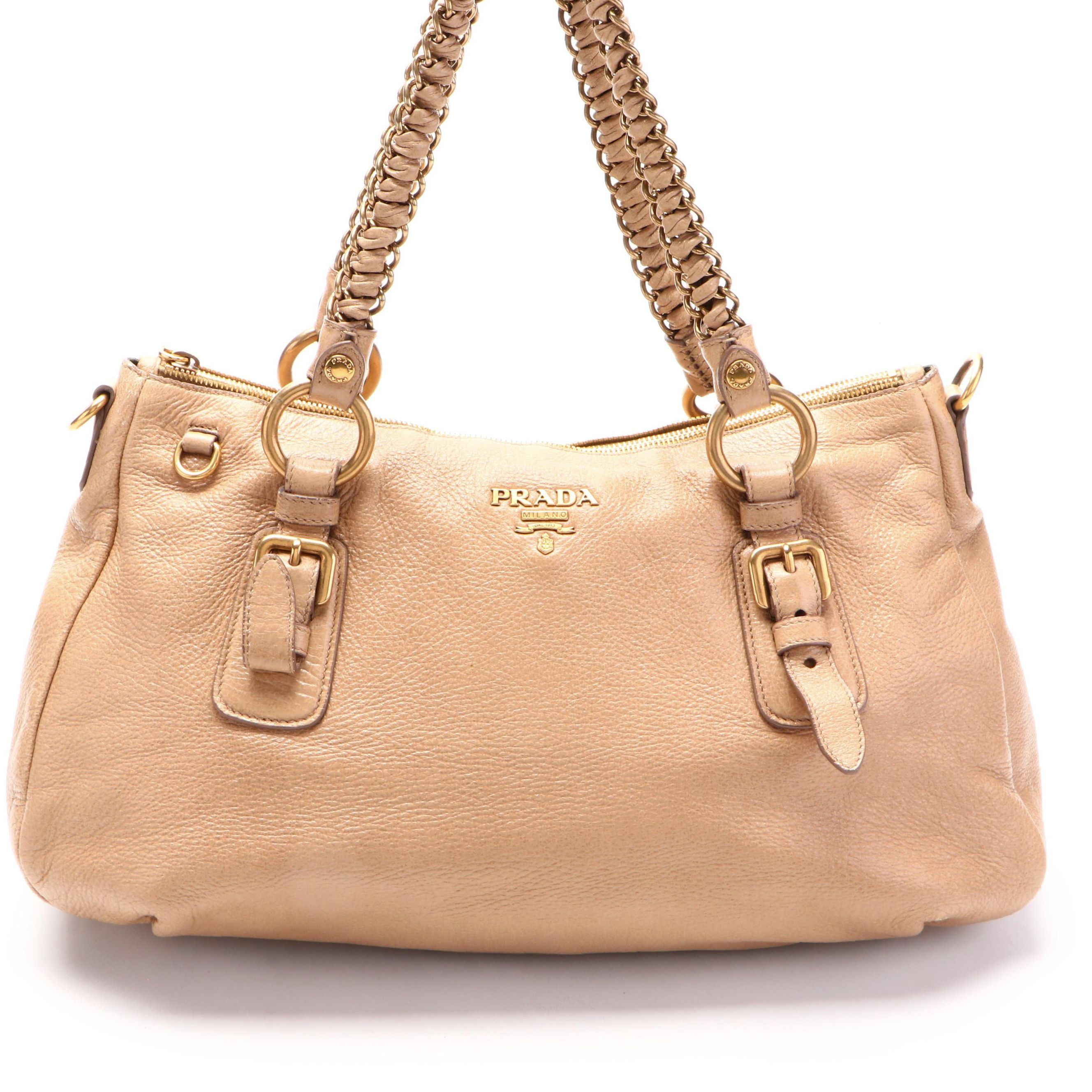 Prada Large Lux Chain Boston Bag in Tan Cervo Calfskin with Detachable Strap