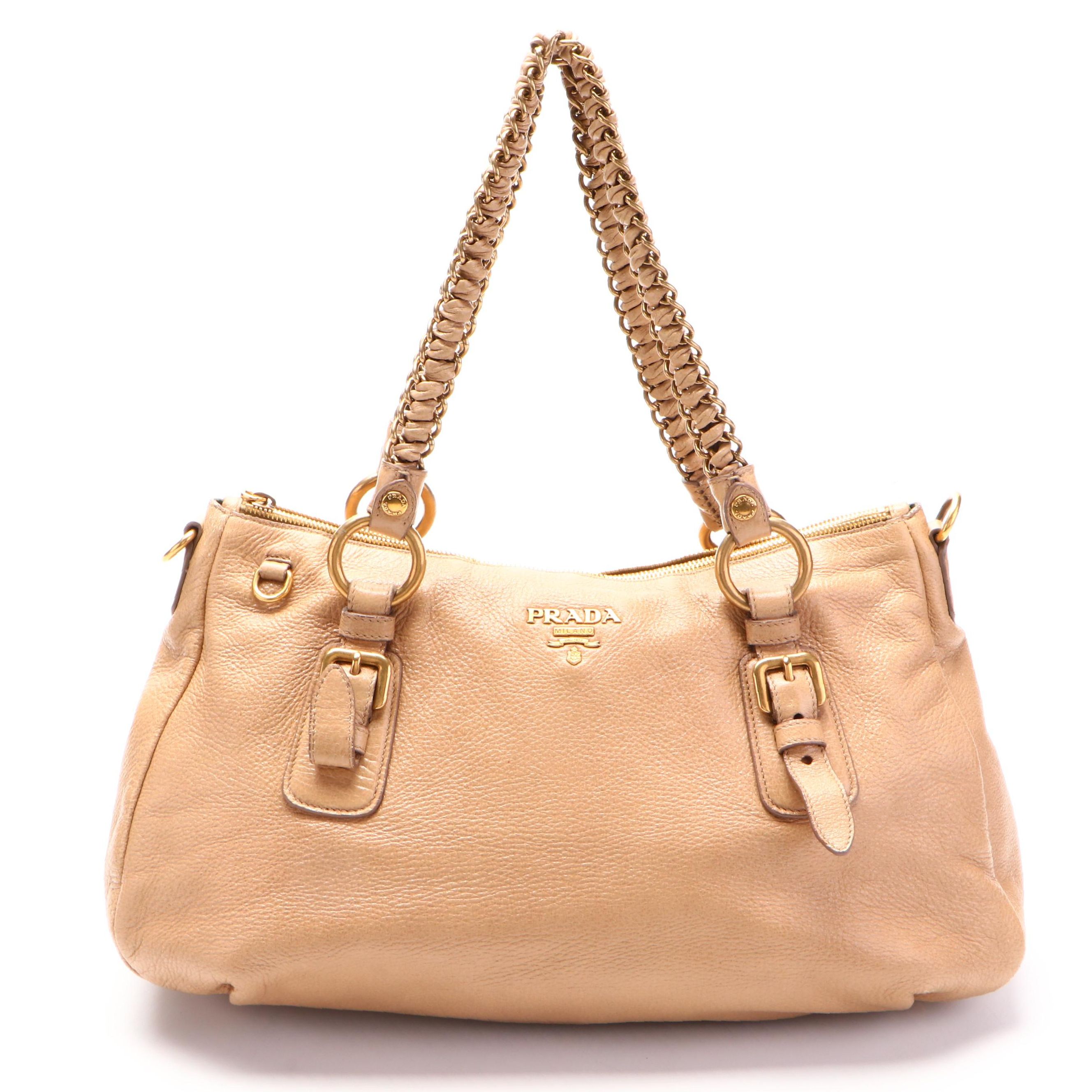Prada Large Lux Chain Boston Bag in Tan Cervo Calfskin with Detachable Strap