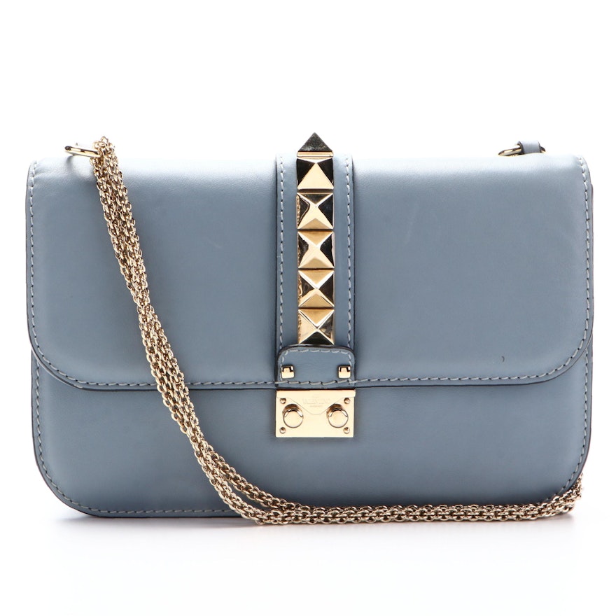 Valentino Glam Lock Medium Shoulder Bag in Light Blue Calfskin